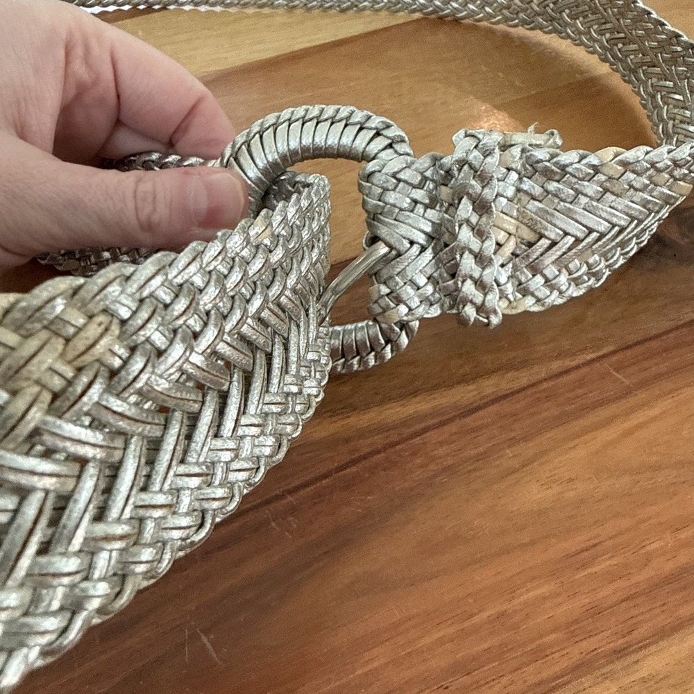 Women's Metallic Silver Braided Woven Belt Round Buckle Boho Y2K Statement